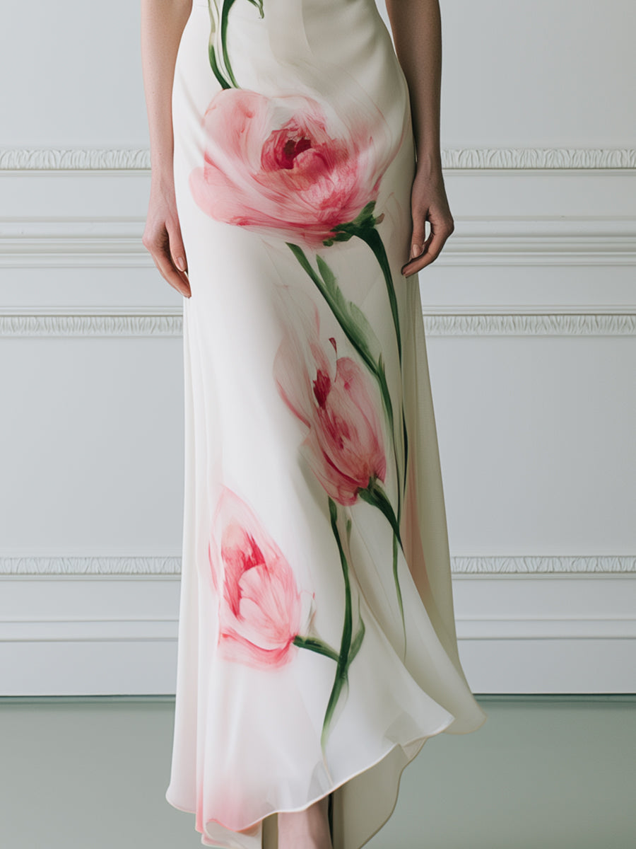 Watercolor Pink Poppy Print Cowl Neck Cap Sleeve Satin Maxi Dress
