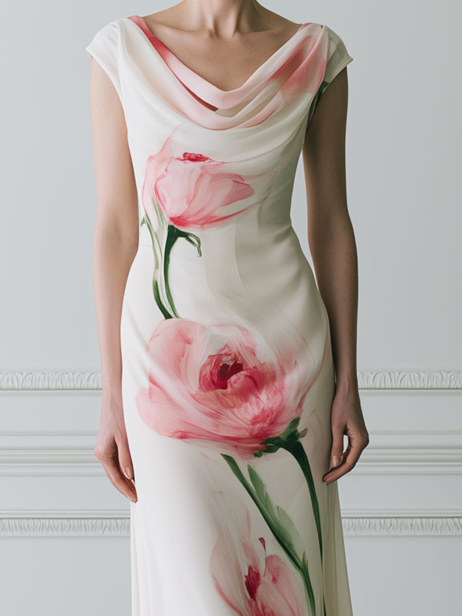 Watercolor Pink Poppy Print Cowl Neck Cap Sleeve Satin Maxi Dress