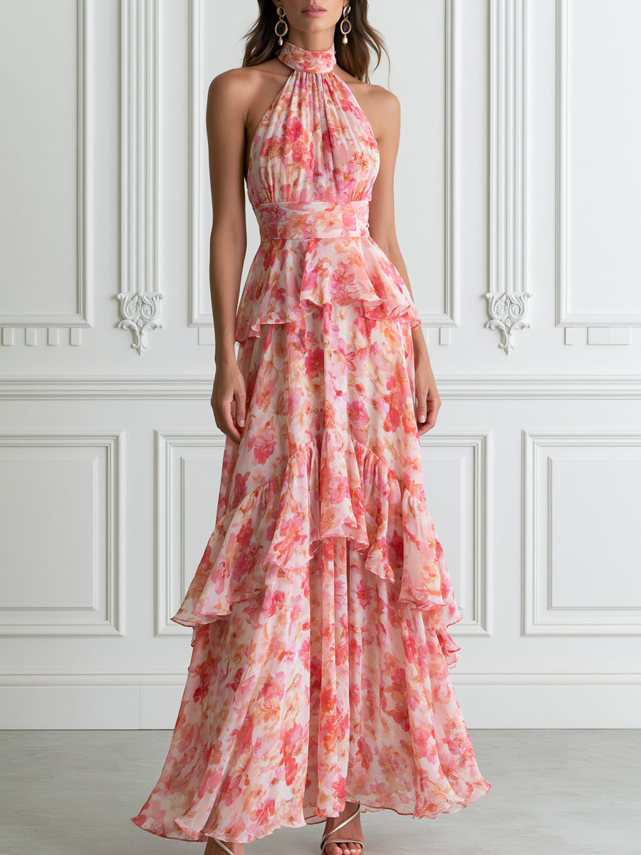 Pink Floral Halter Tiered Ruffle Chiffon Maxi Dress