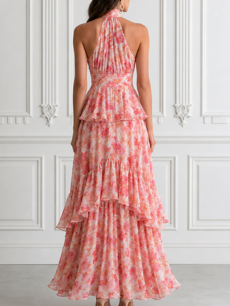 Pink Floral Halter Tiered Ruffle Chiffon Maxi Dress