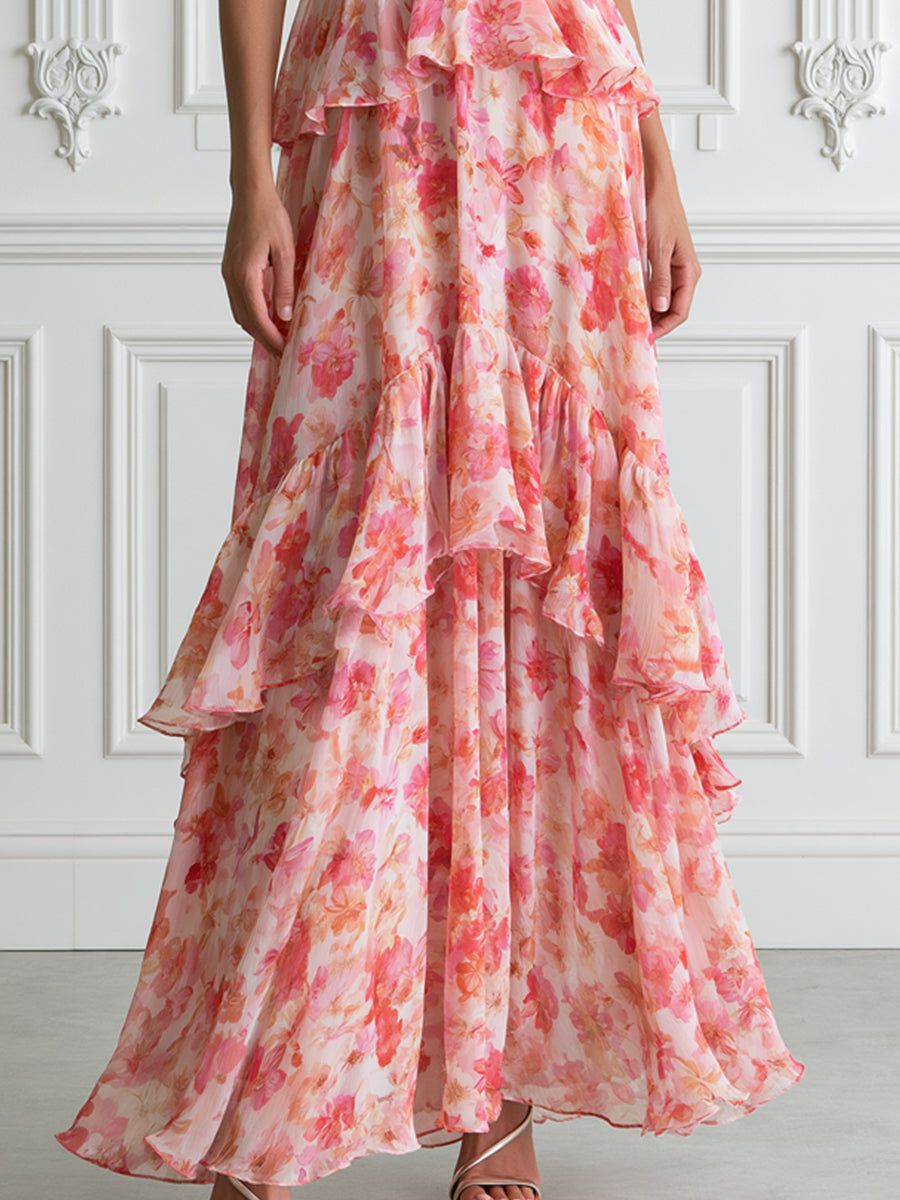 Pink Floral Halter Tiered Ruffle Chiffon Maxi Dress