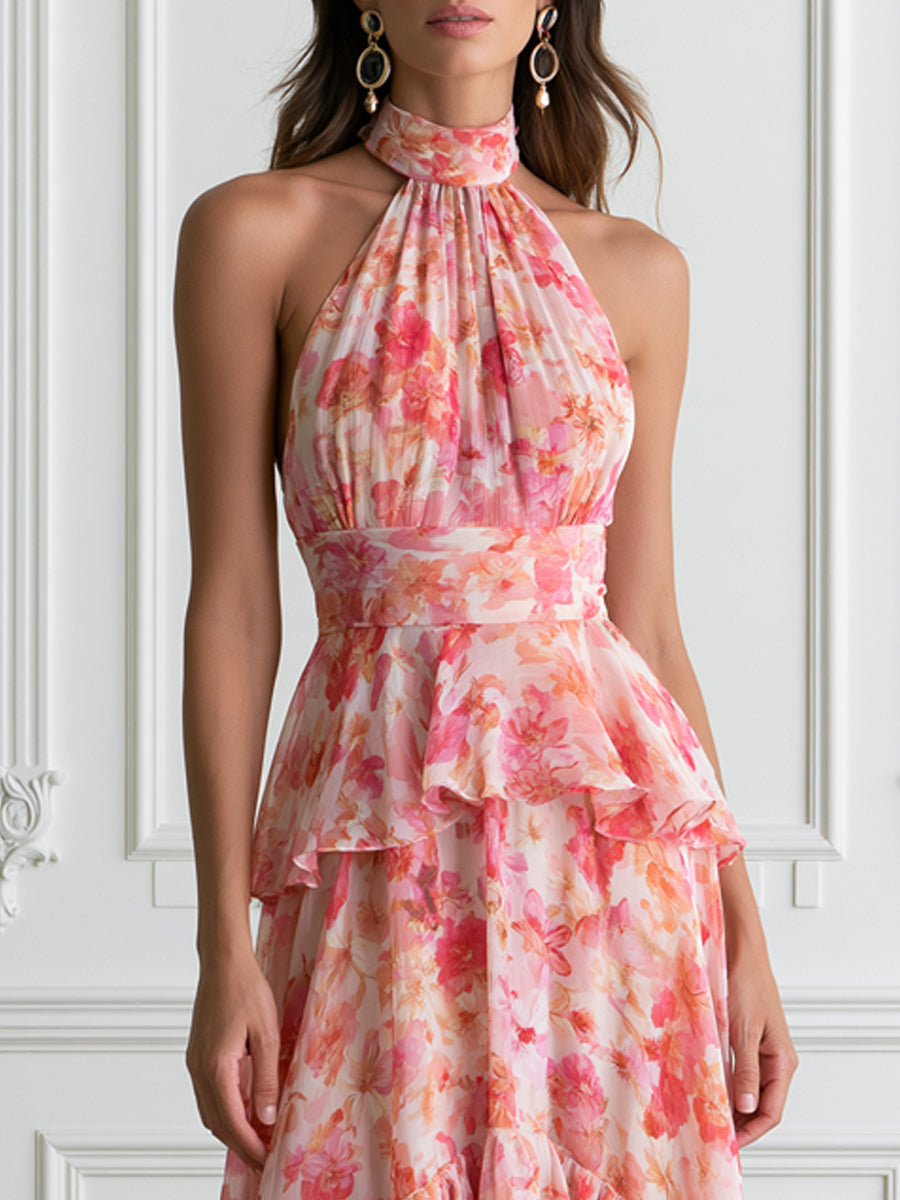 Pink Floral Halter Tiered Ruffle Chiffon Maxi Dress