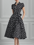Polka Dot Shirt Collar Belted Swing Midi Dress