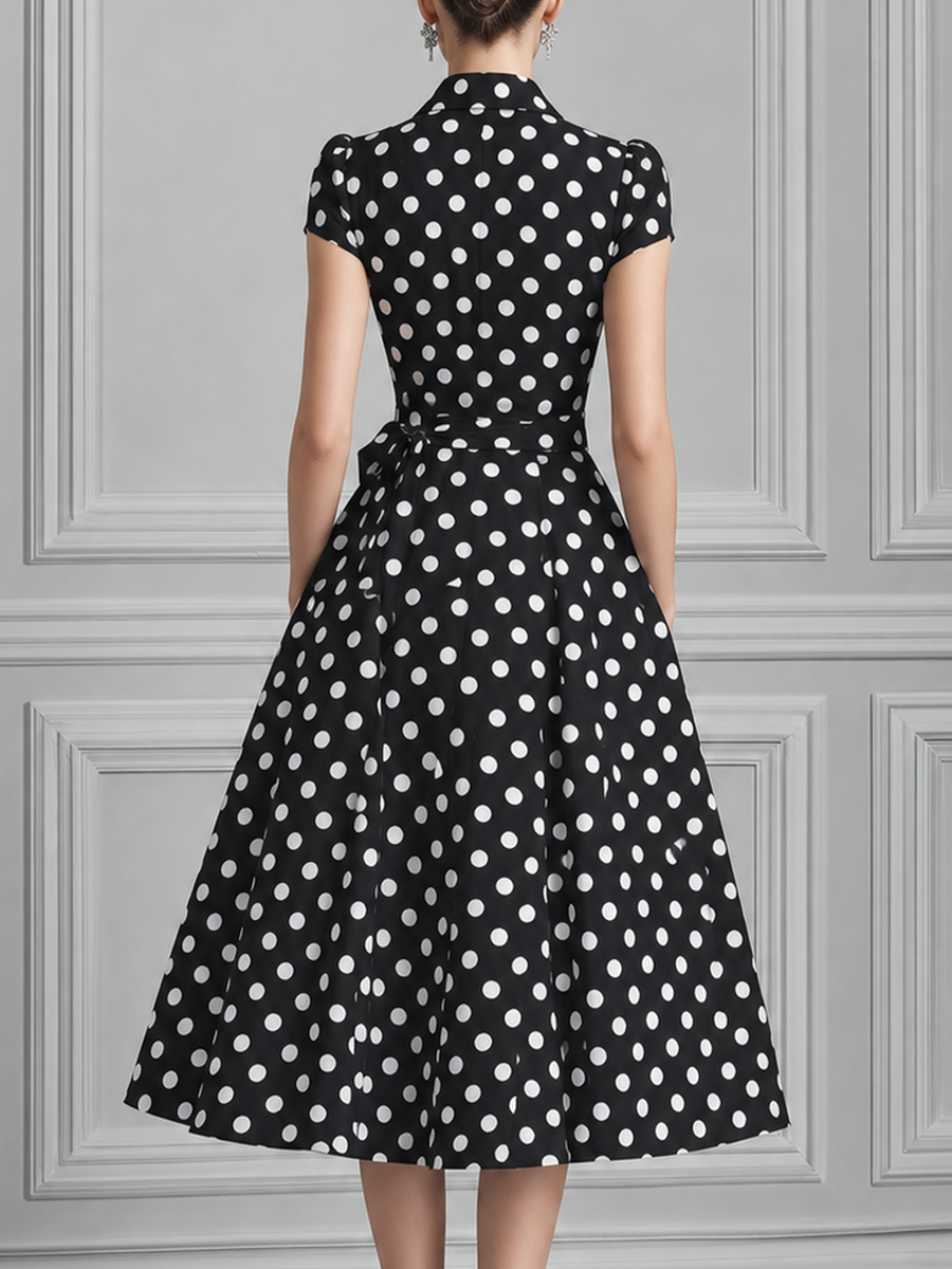 Polka Dot Shirt Collar Belted Swing Midi Dress