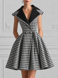 Gingham Check Lapel Collar Fit-and-Flare Dress