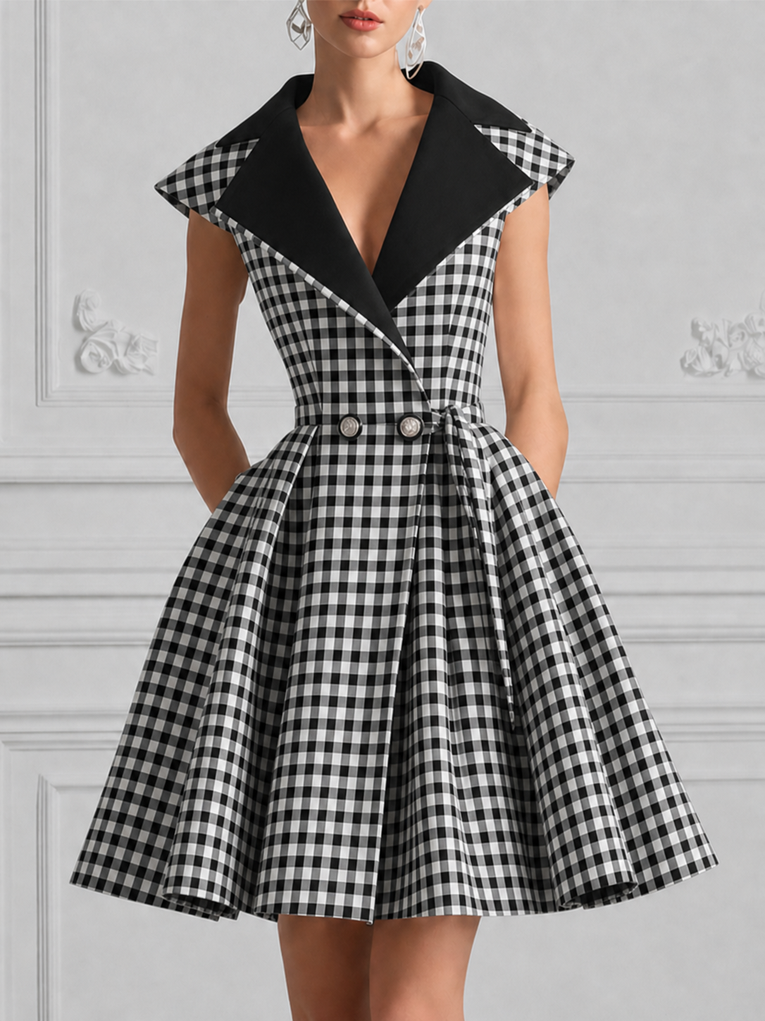 Gingham Check Lapel Collar Fit-and-Flare Dress