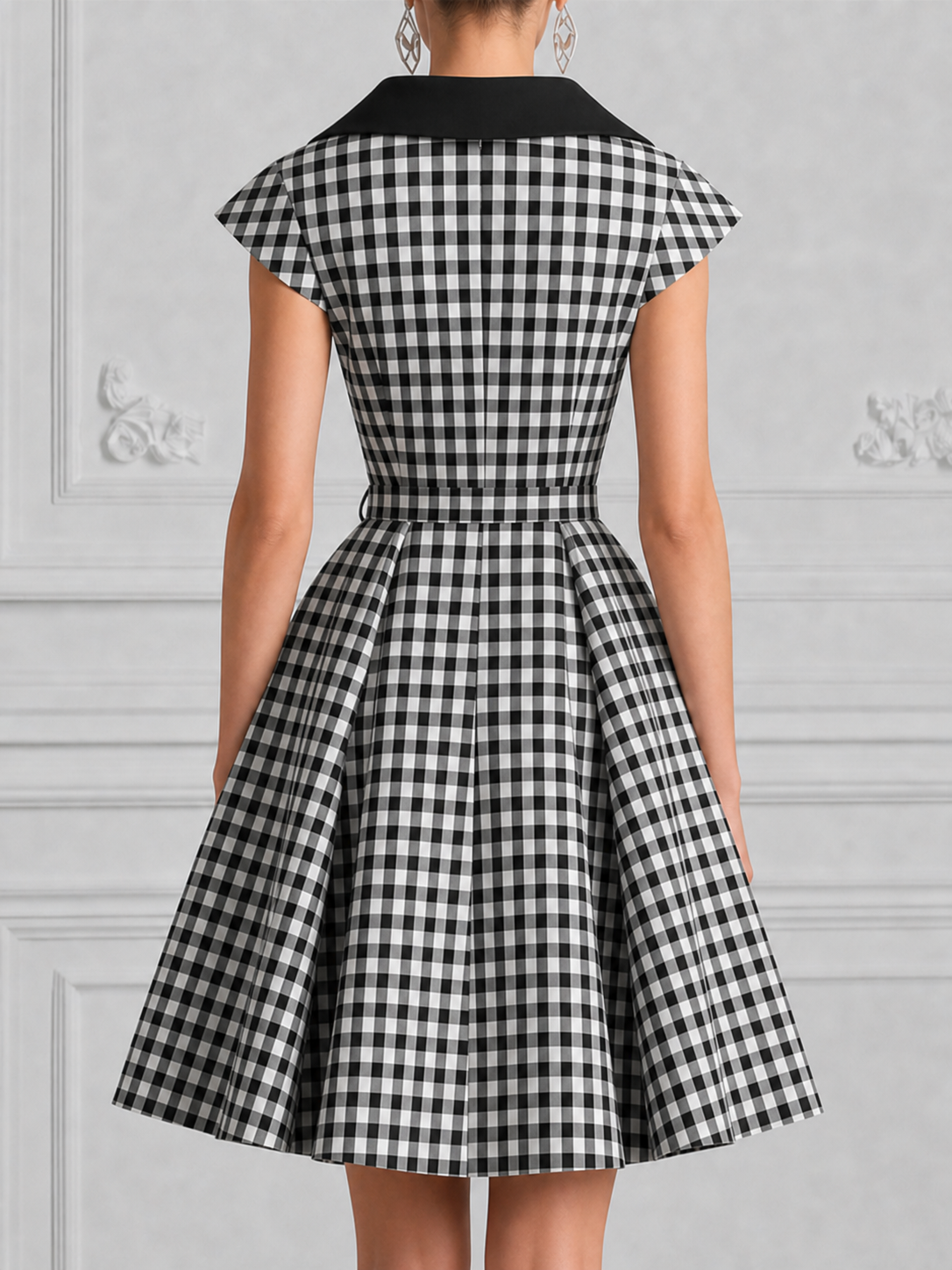 Gingham Check Lapel Collar Fit-and-Flare Dress