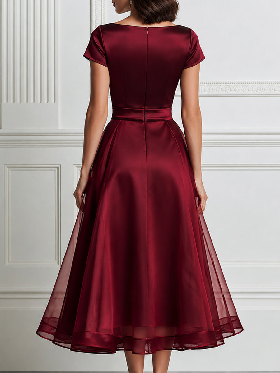 Elegant Satin Sheer Organza Overlay Midi Dress