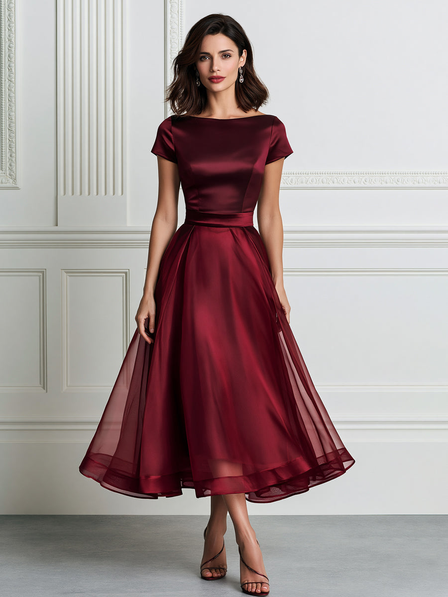 Elegant Satin Sheer Organza Overlay Midi Dress