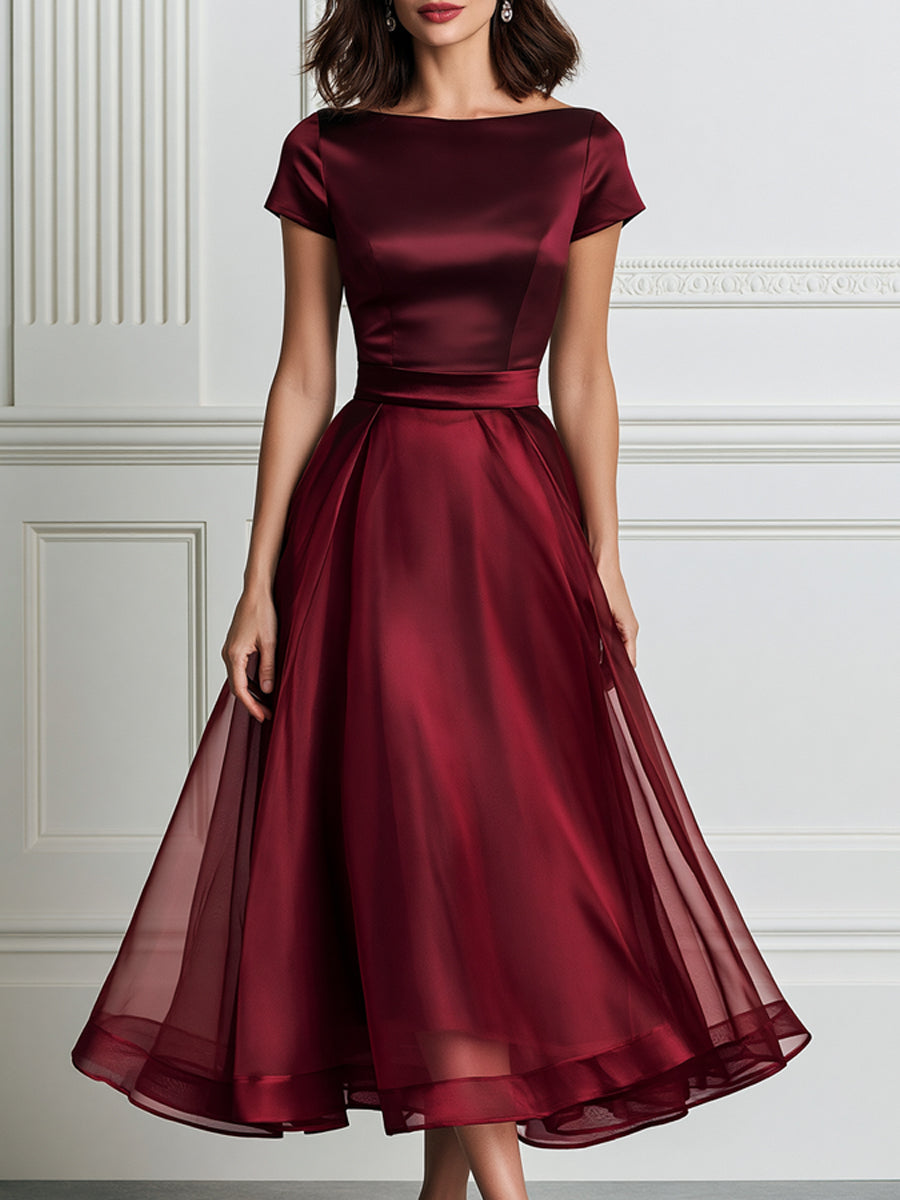 Elegant Satin Sheer Organza Overlay Midi Dress