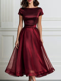 Elegant Satin Sheer Organza Overlay Midi Dress