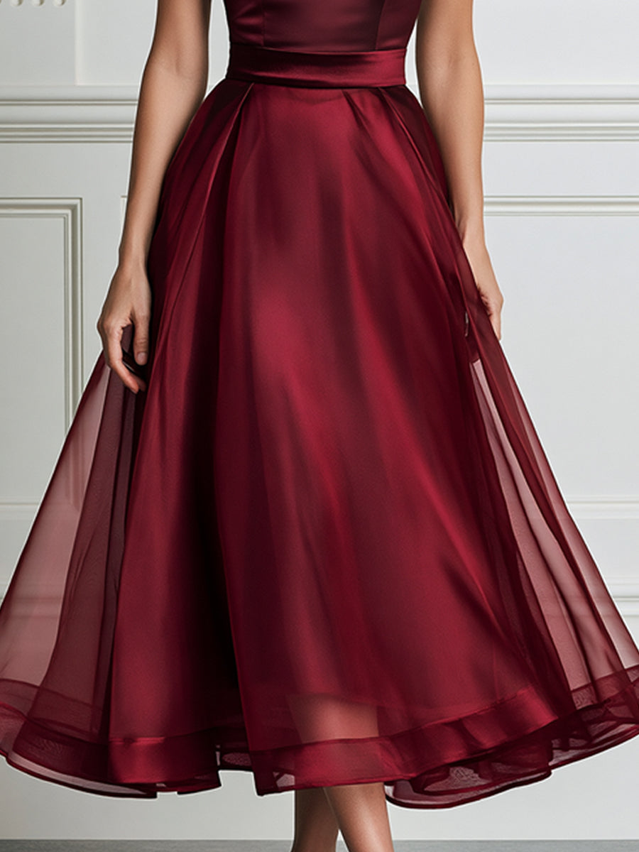 Elegant Satin Sheer Organza Overlay Midi Dress