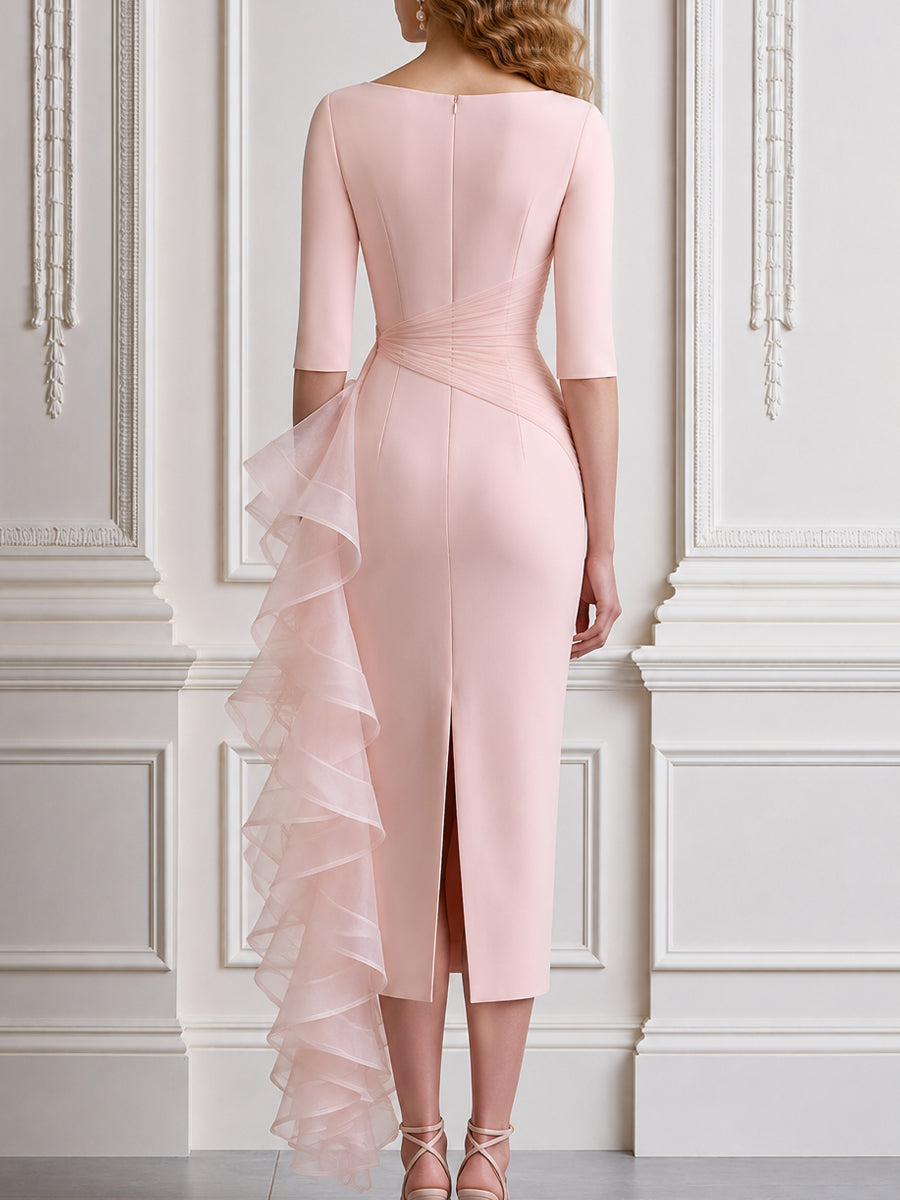 Elegant Ruched Waist Organza Ruffle Midi Dress