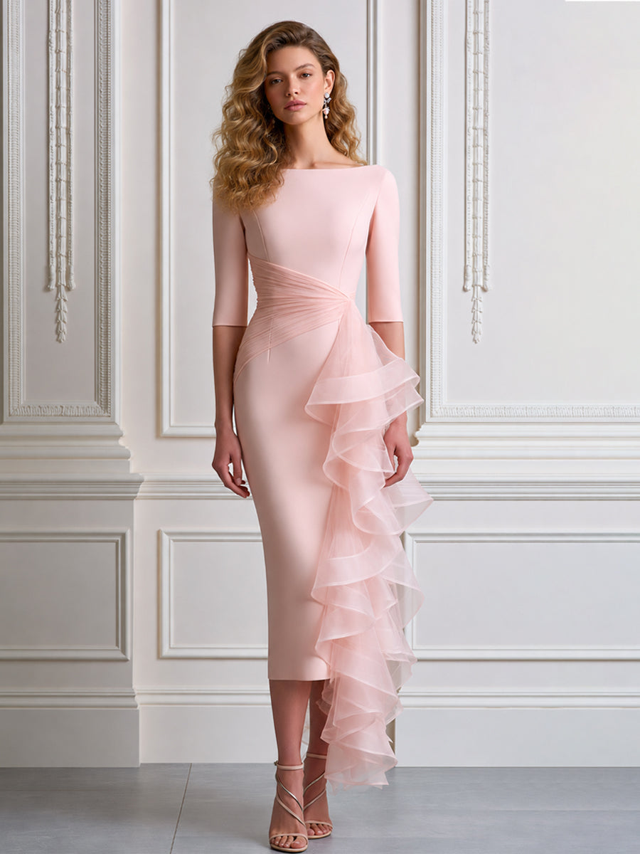 Elegant Ruched Waist Organza Ruffle Midi Dress