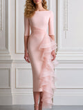 Elegant Ruched Waist Organza Ruffle Midi Dress