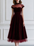 Elegant Sheer Mesh Heart Bust Velvet A-Line Midi Dress