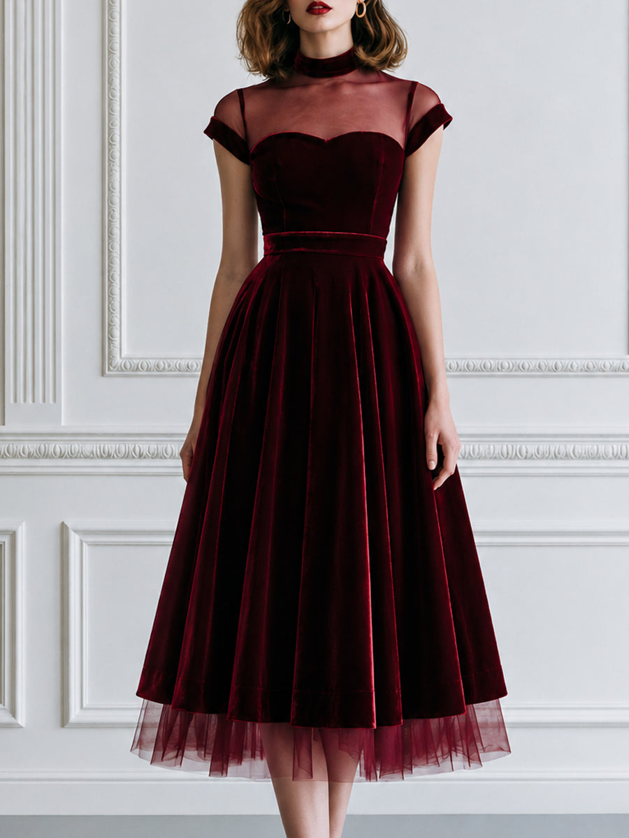 Elegant Sheer Mesh Heart Bust Velvet A-Line Midi Dress