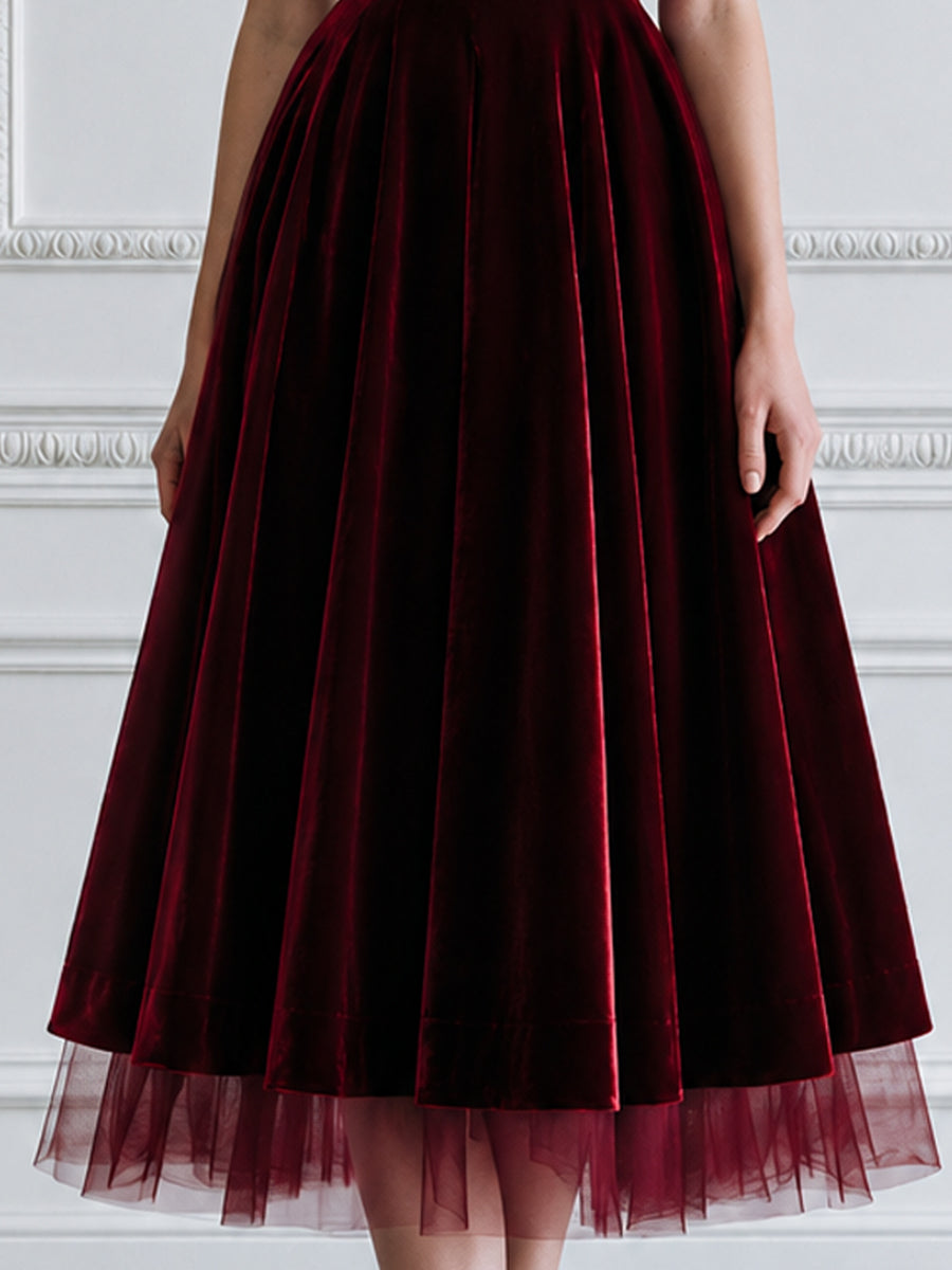 Elegant Sheer Mesh Heart Bust Velvet A-Line Midi Dress