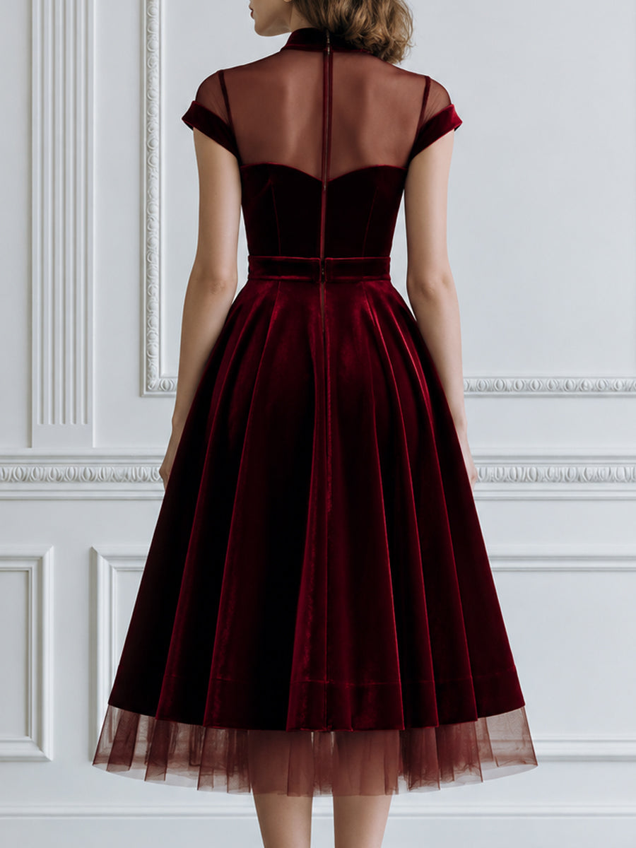 Elegant Sheer Mesh Heart Bust Velvet A-Line Midi Dress