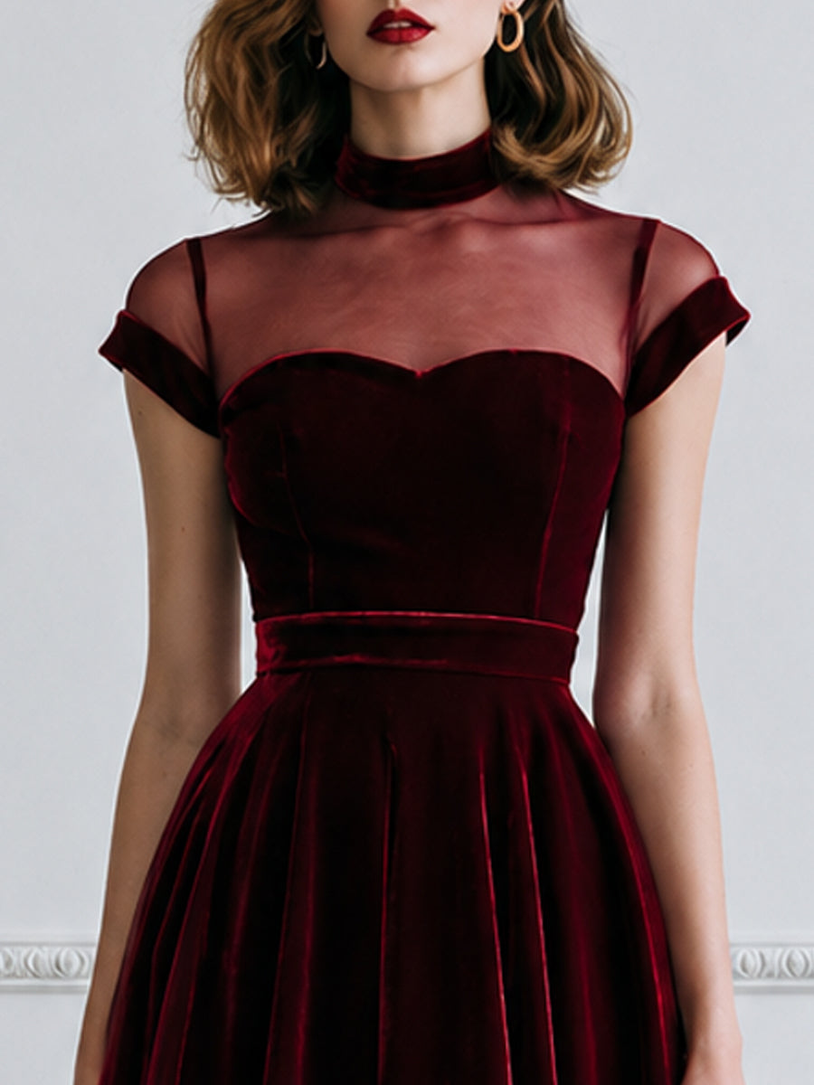 Elegant Sheer Mesh Heart Bust Velvet A-Line Midi Dress