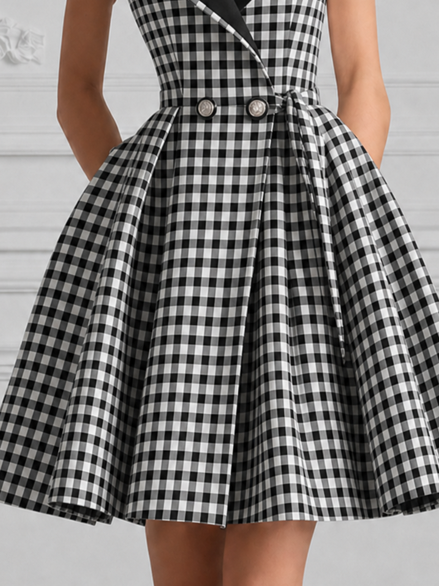 Gingham Check Lapel Collar Fit-and-Flare Dress