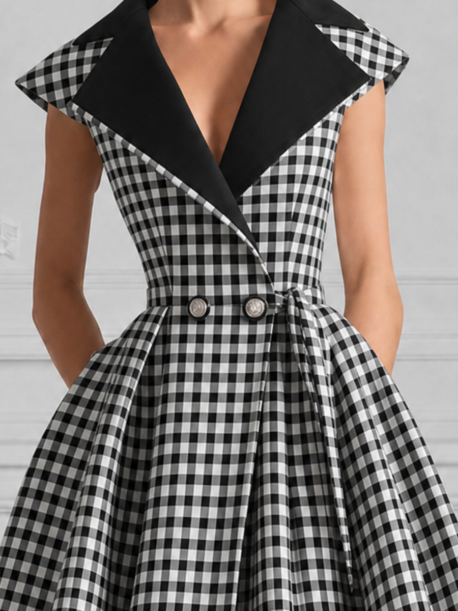 Gingham Check Lapel Collar Fit-and-Flare Dress