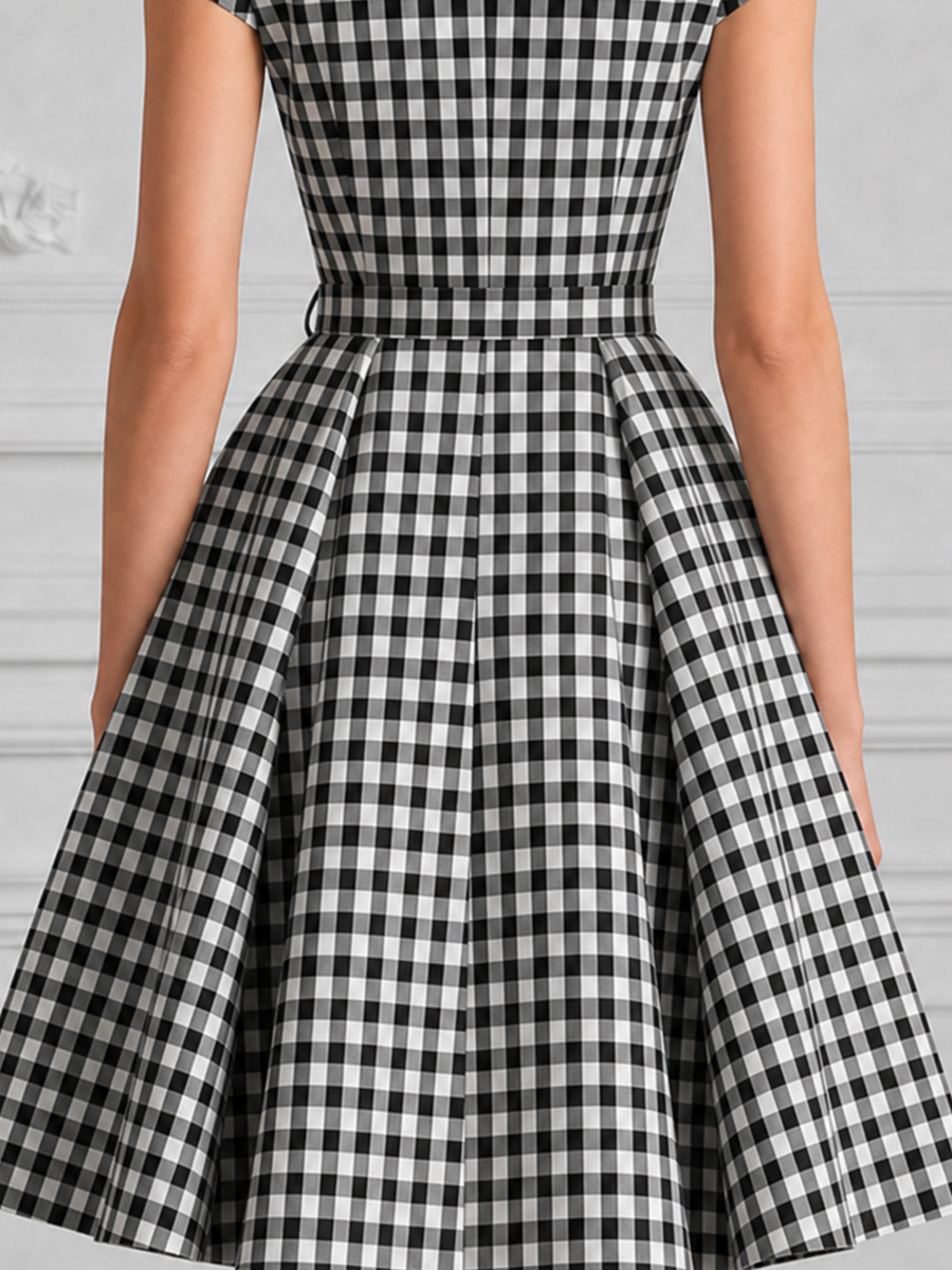 Gingham Check Lapel Collar Fit-and-Flare Dress