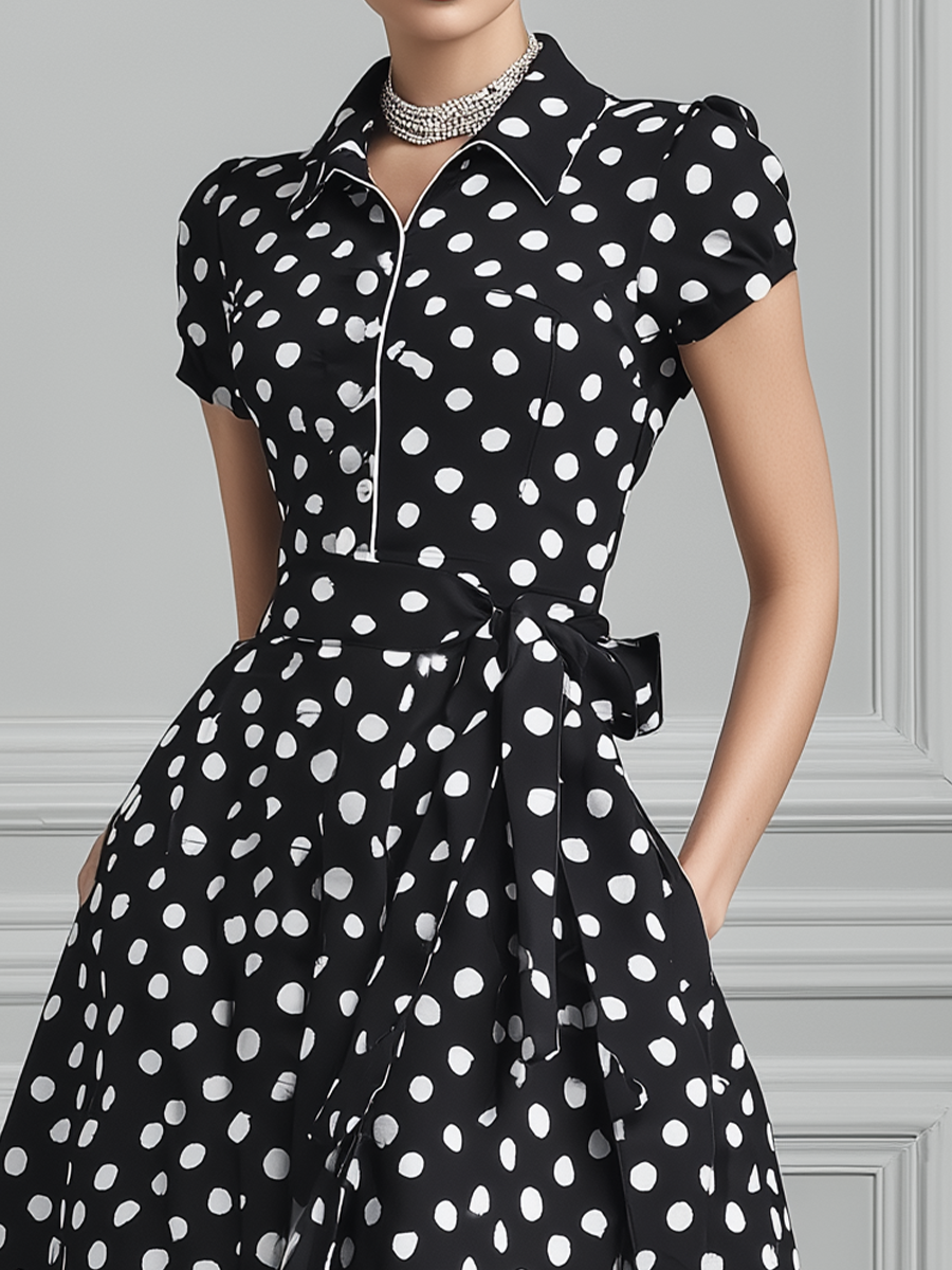 Polka Dot Shirt Collar Belted Swing Midi Dress