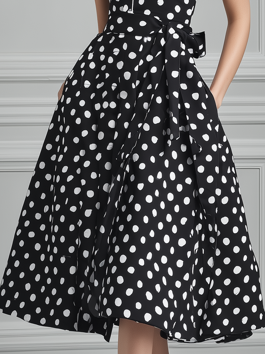 Polka Dot Shirt Collar Belted Swing Midi Dress