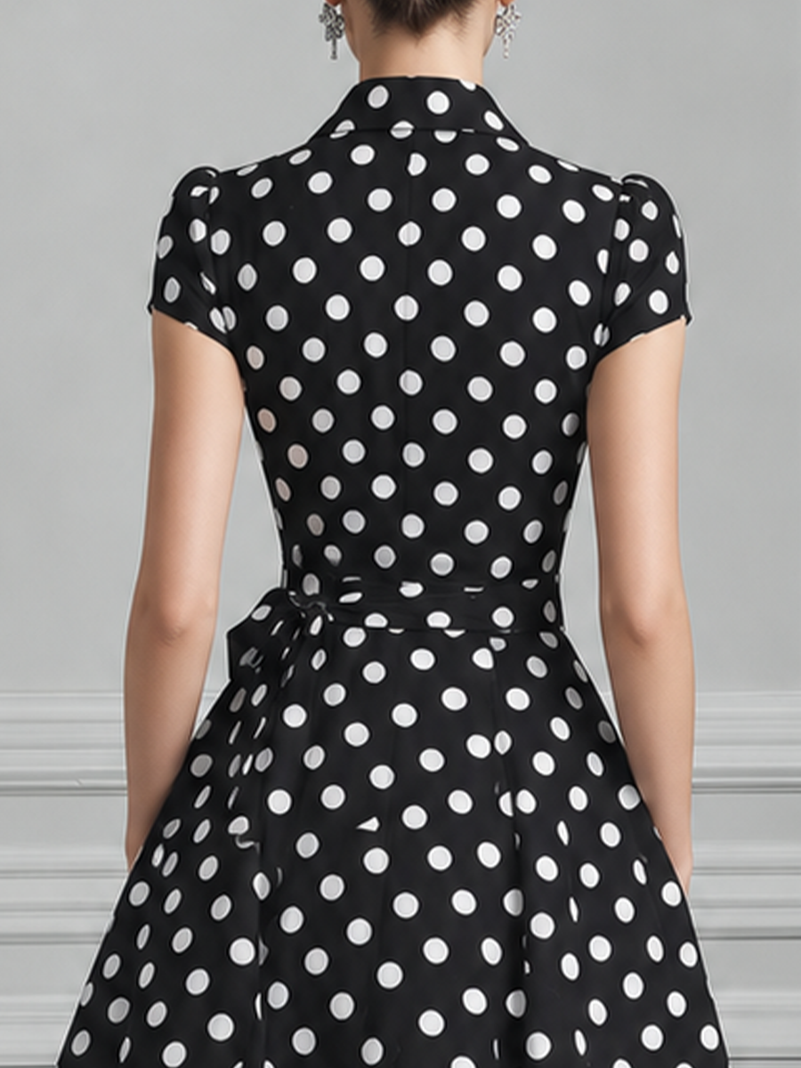 Polka Dot Shirt Collar Belted Swing Midi Dress