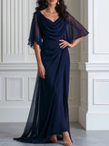 Draped Cowl Neck Flutter Sleeve Maxi Evening Gown