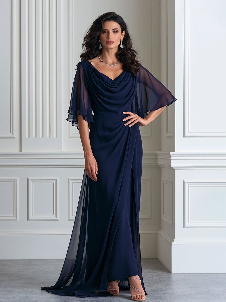 Draped Cowl Neck Flutter Sleeve Maxi Evening Gown