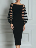 Off Shoulder Striped Mesh Puff Sleeve Bodycon Midi Dress
