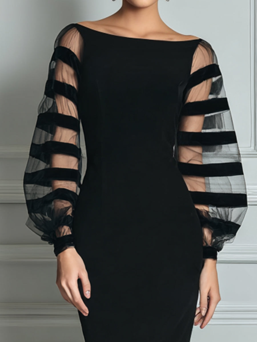 Off Shoulder Striped Mesh Puff Sleeve Bodycon Midi Dress