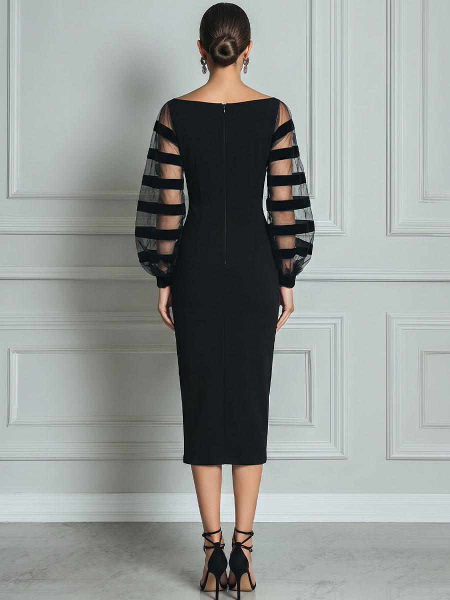 Off Shoulder Striped Mesh Puff Sleeve Bodycon Midi Dress