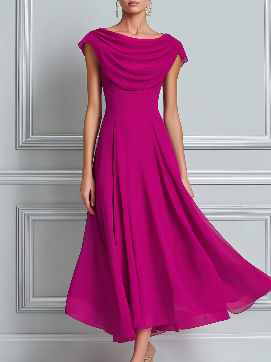 Draped Cowl Neck Cap Sleeve Flowy Chiffon Midi Dress