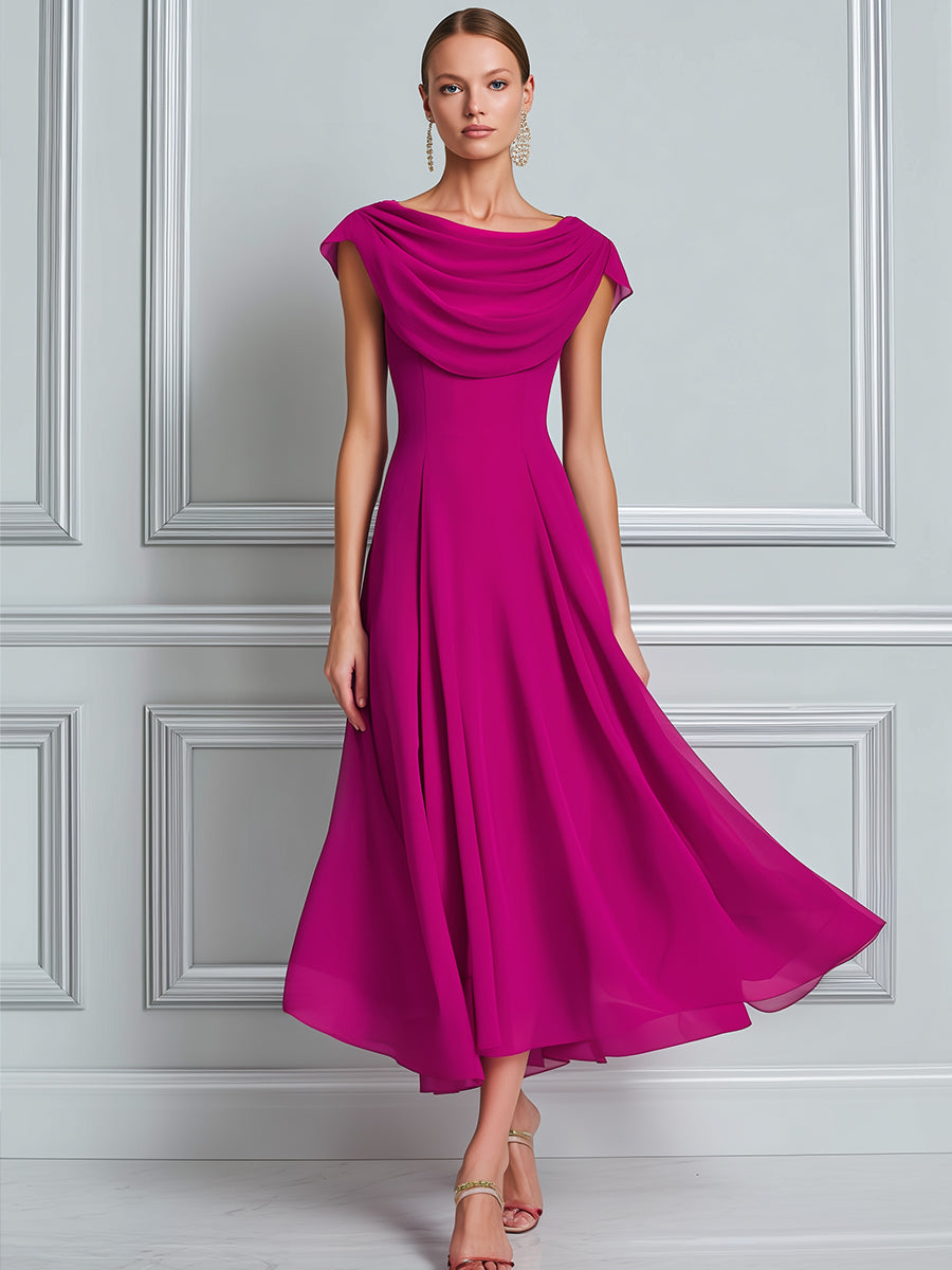 Draped Cowl Neck Cap Sleeve Flowy Chiffon Midi Dress