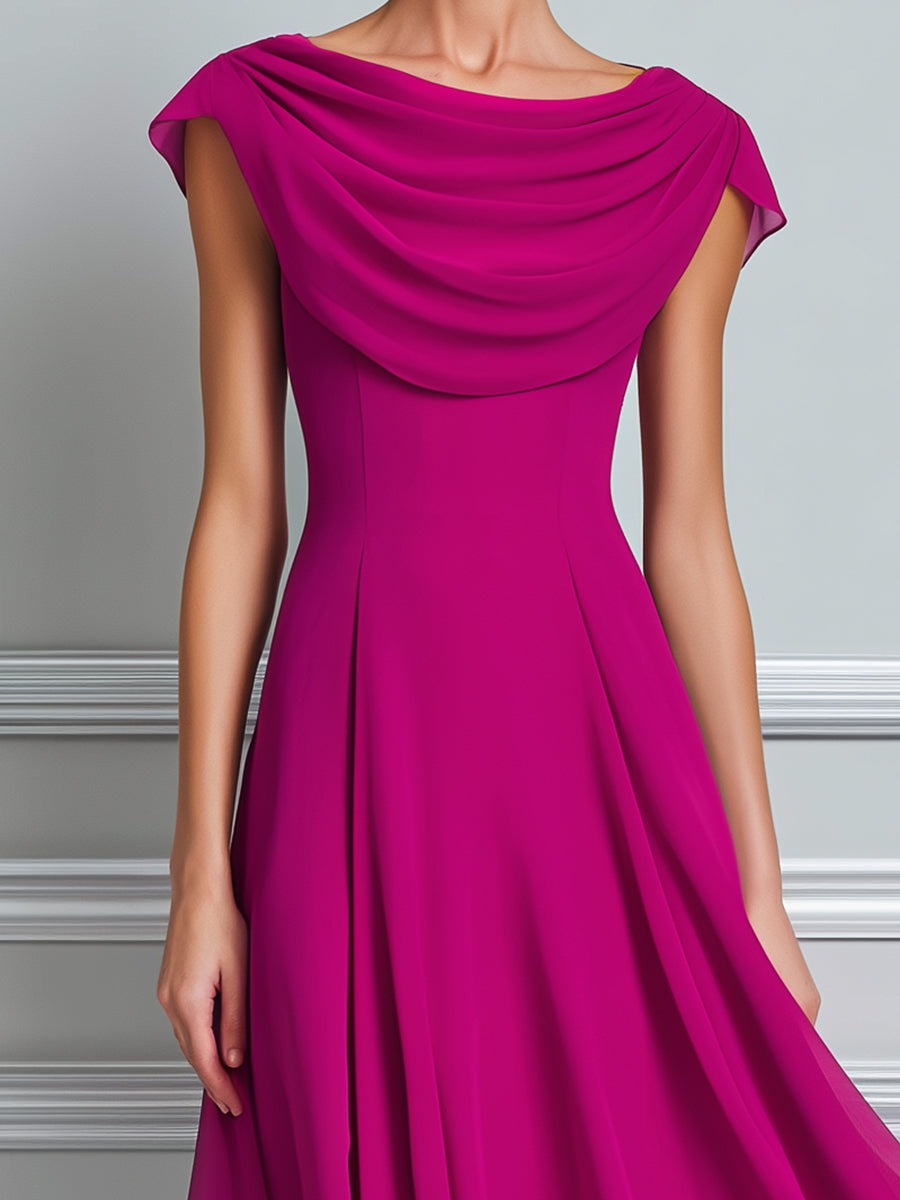 Draped Cowl Neck Cap Sleeve Flowy Chiffon Midi Dress