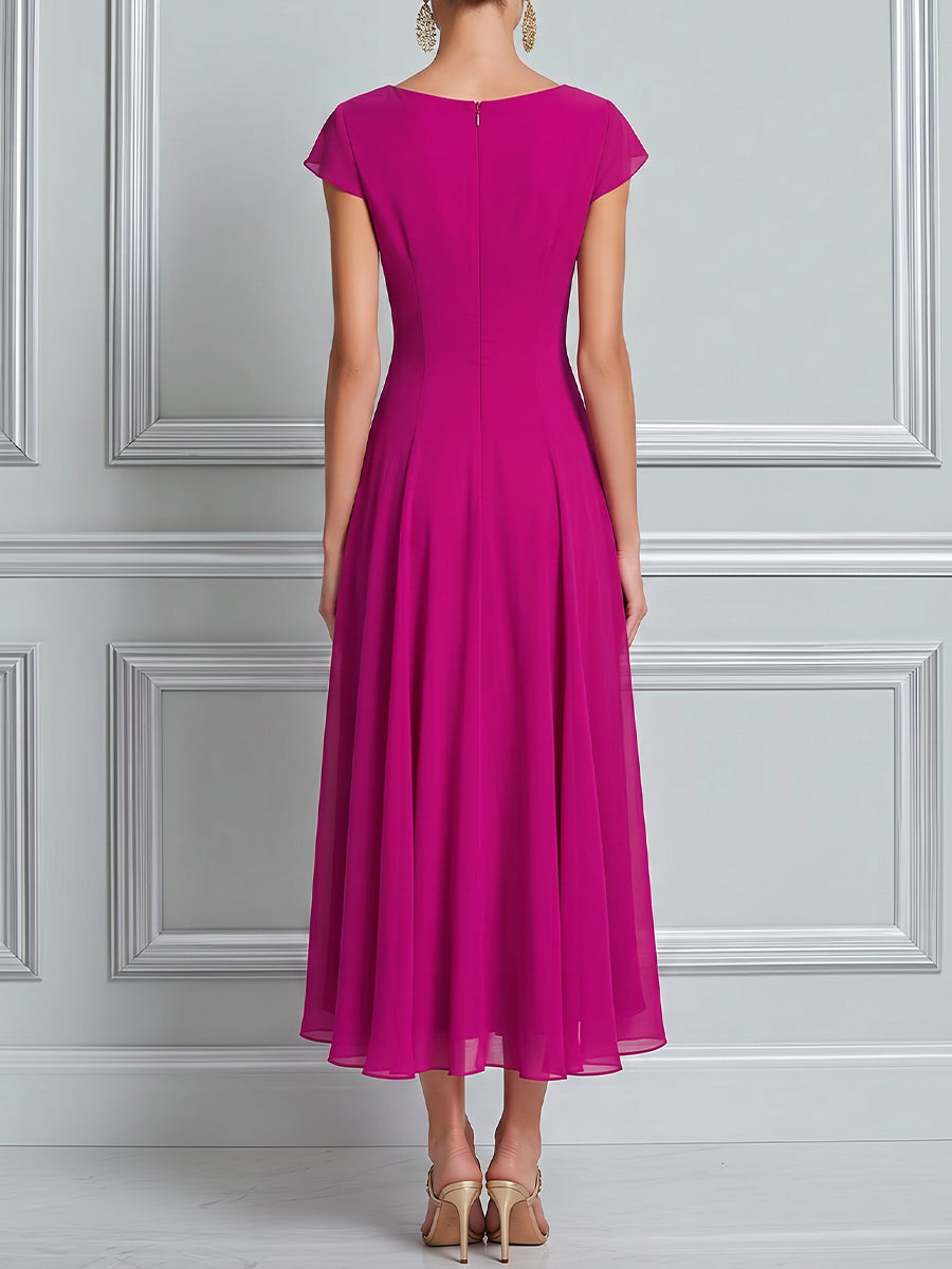 Draped Cowl Neck Cap Sleeve Flowy Chiffon Midi Dress