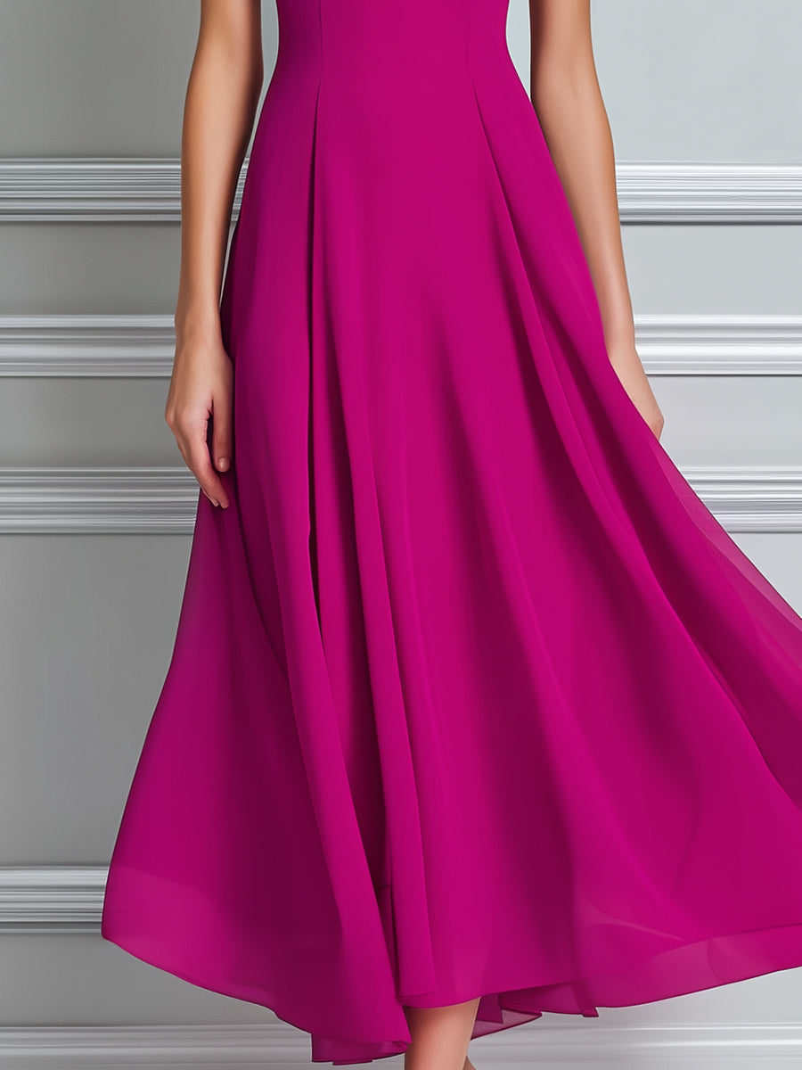 Draped Cowl Neck Cap Sleeve Flowy Chiffon Midi Dress