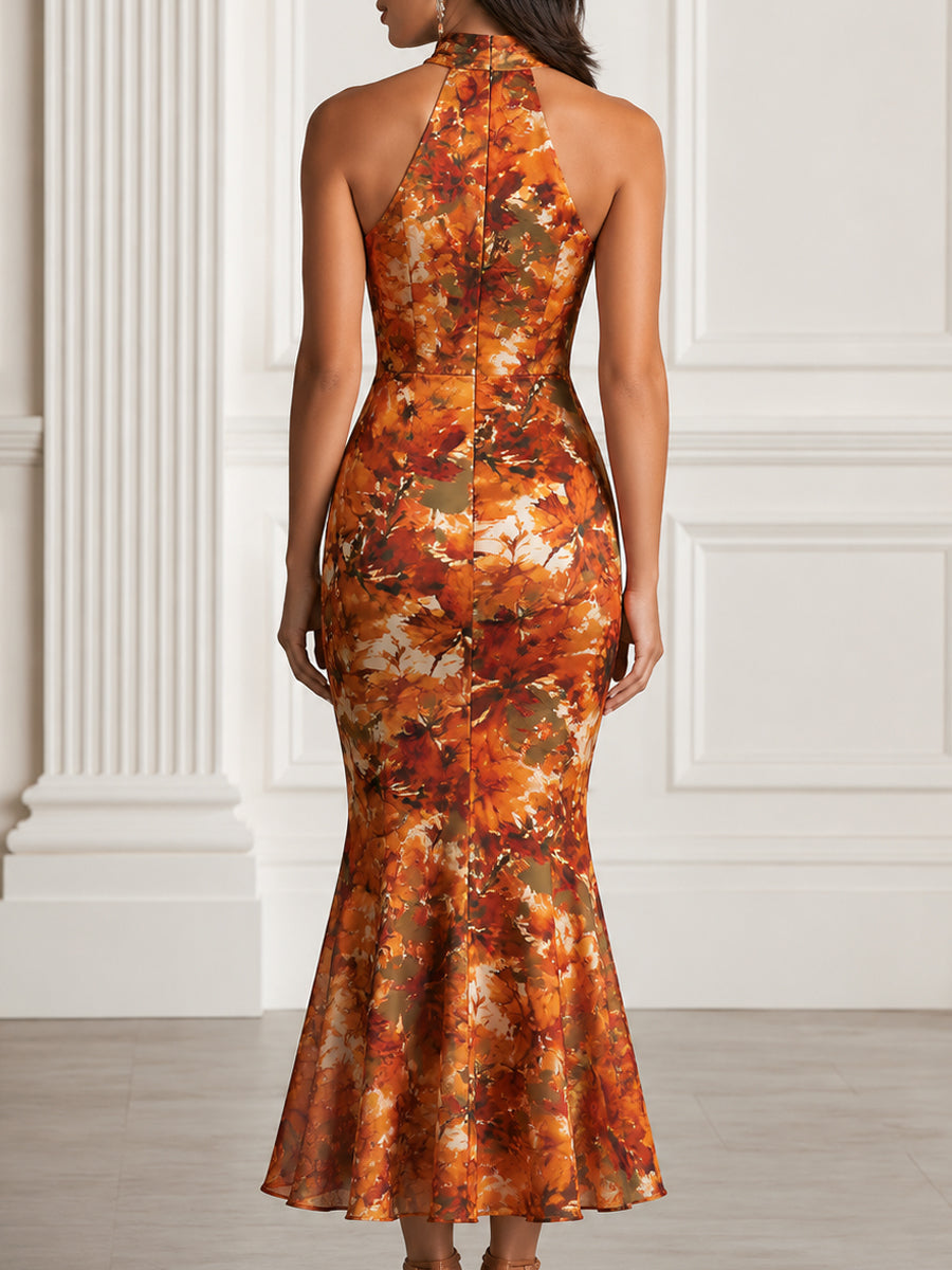 Halter Neck Fall Maple Leaf Print Mermaid Midi Dress