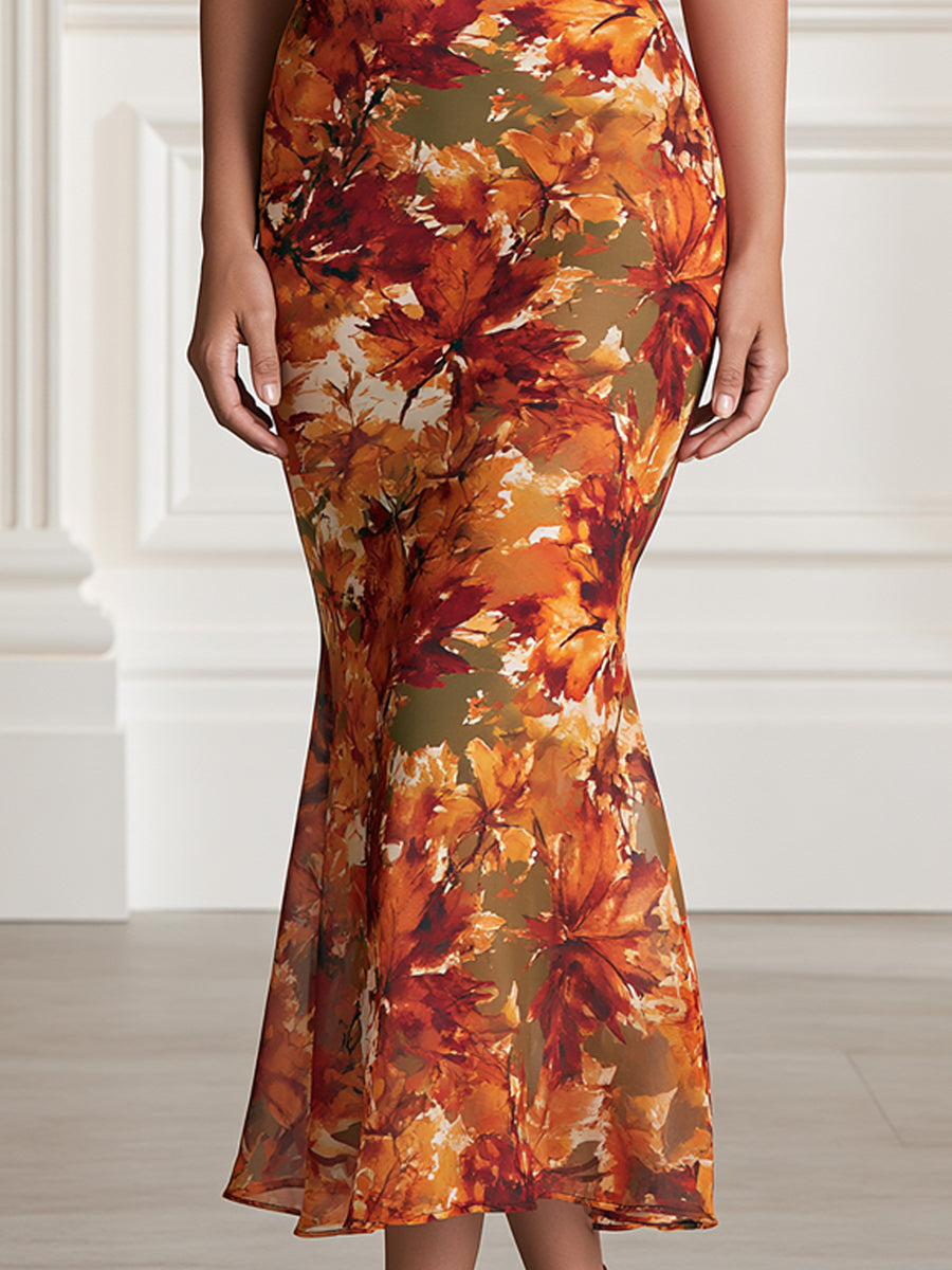 Halter Neck Fall Maple Leaf Print Mermaid Midi Dress