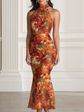 Halter Neck Fall Maple Leaf Print Mermaid Midi Dress