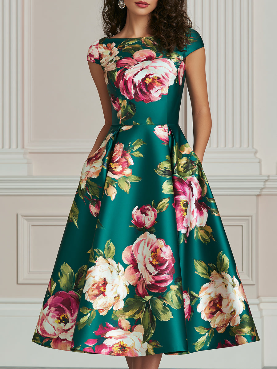 Emerald Green Large Peony Print Satin A-Line Midi Dress