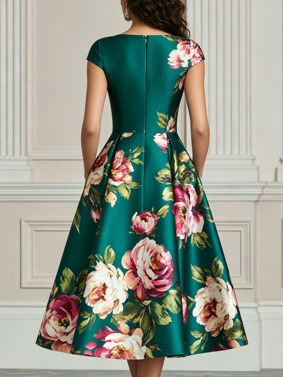Emerald Green Large Peony Print Satin A-Line Midi Dress