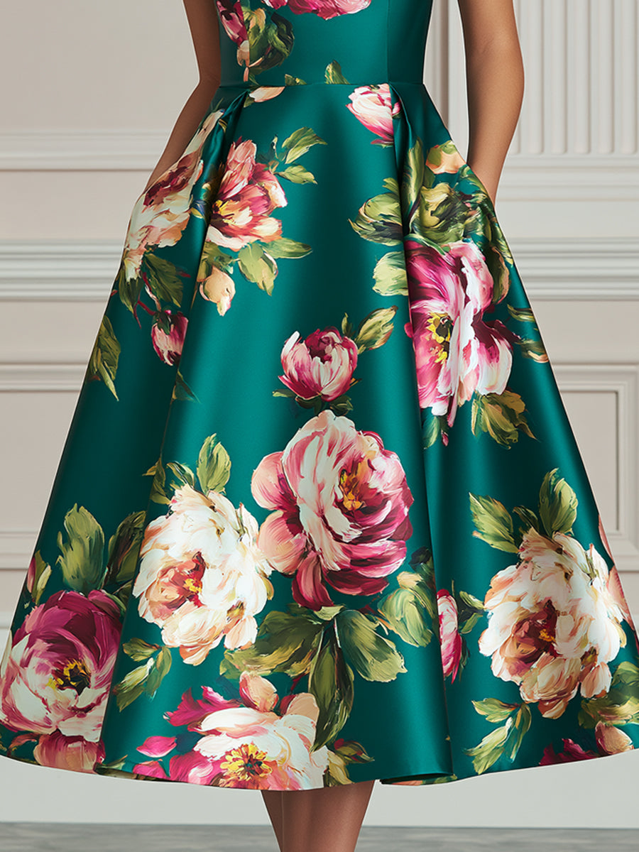 Emerald Green Large Peony Print Satin A-Line Midi Dress