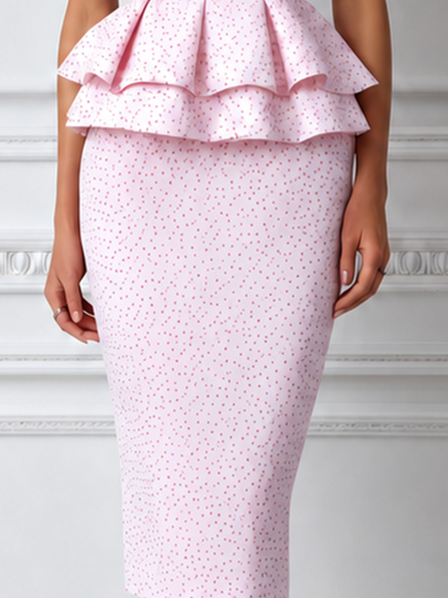 Pale Pink Polka-Dot One-Shoulder Midi Dress With Ruffles