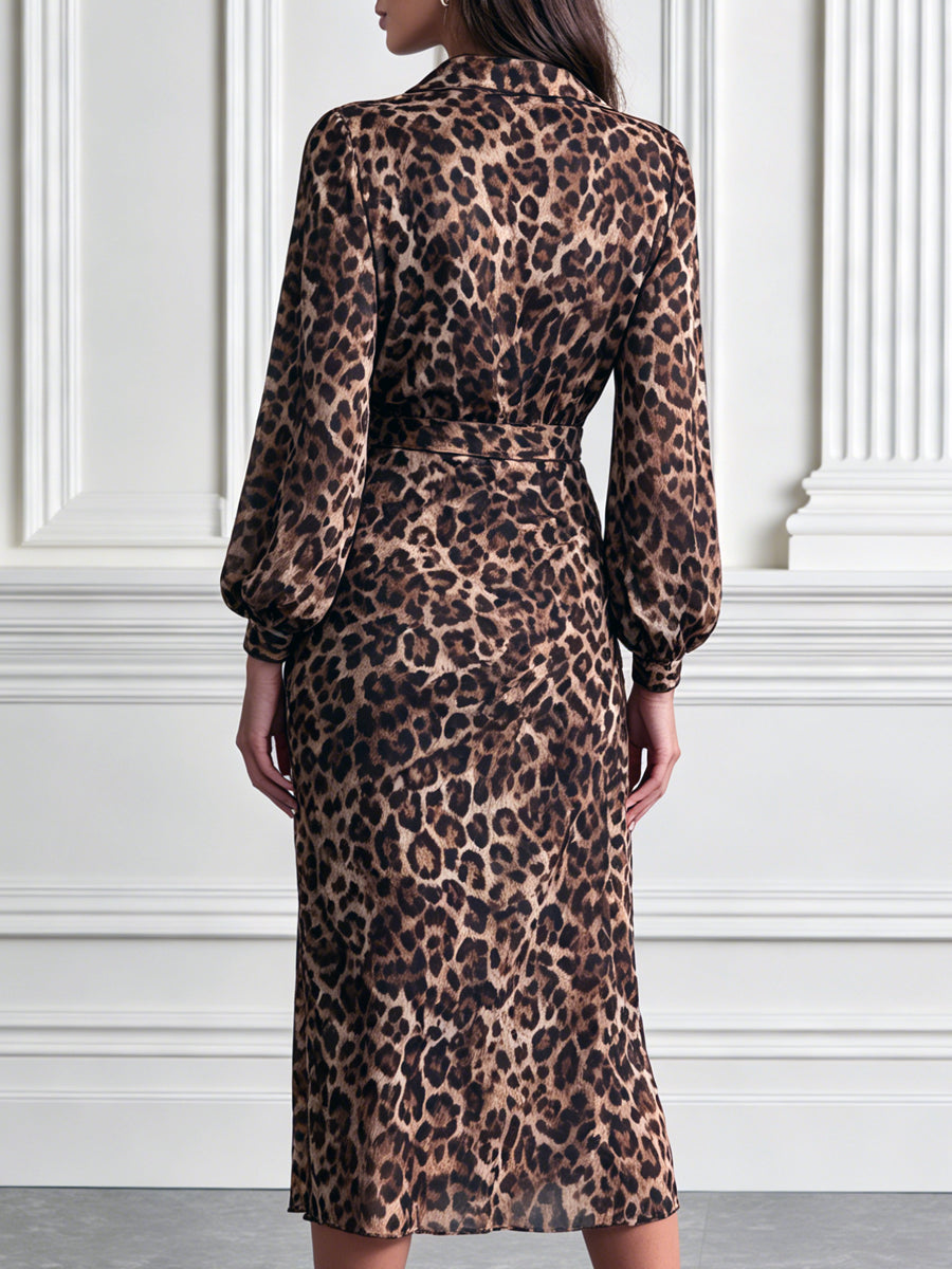 Leopard Print Collared Long Sleeve Ruched Shirt Midi Dress