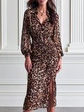Leopard Print Collared Long Sleeve Ruched Shirt Midi Dress