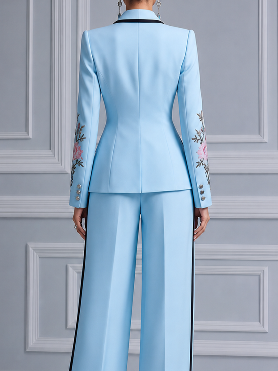 Sky Blue Floral Embroidered Deep V Tailored Blazer & Wide Leg Trousers Two-Piece Suit Set